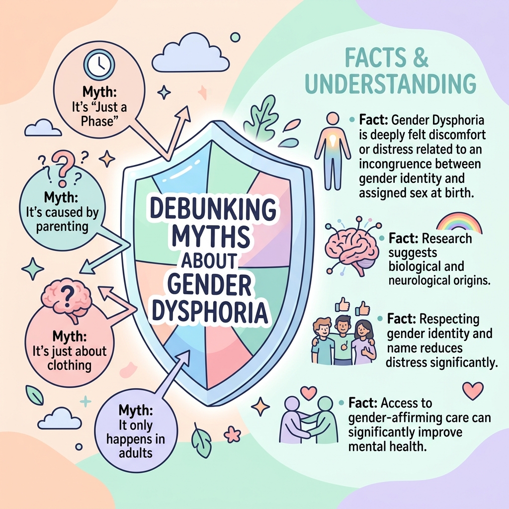 A 2D flat vector illustration debunking common myths about gender dysphoria