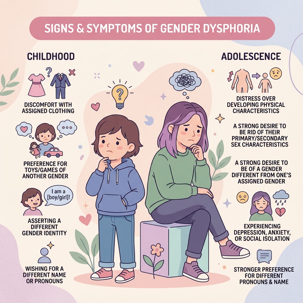 A 2D flat vector illustration showing signs and symptoms of gender dysphoria across different ages