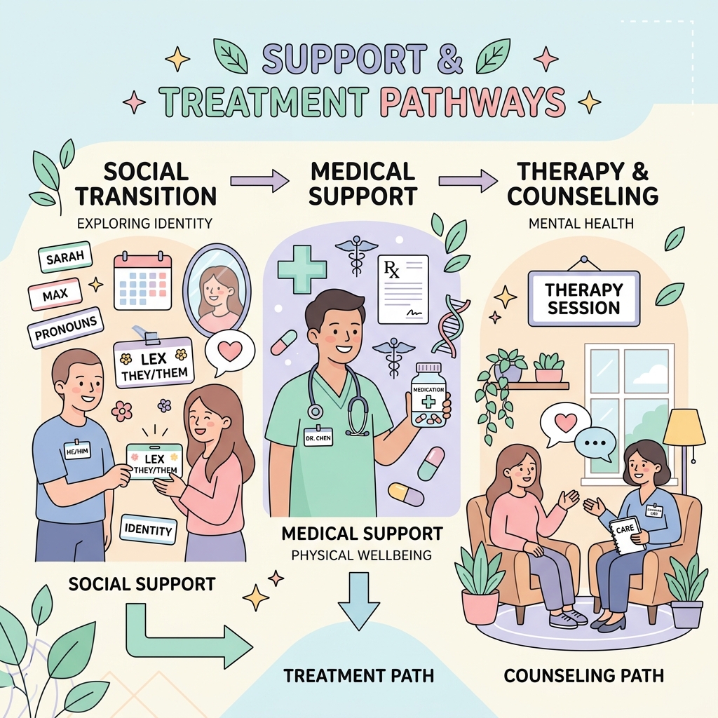 A 2D flat vector illustration showing support and treatment pathways for gender dysphoria