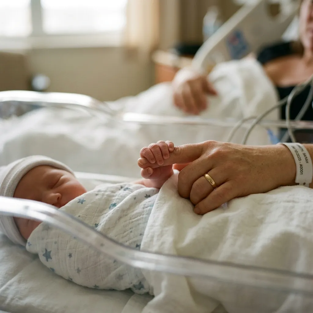 A realistic tender photograph of a newborn baby's tiny hand holding an adult's finger