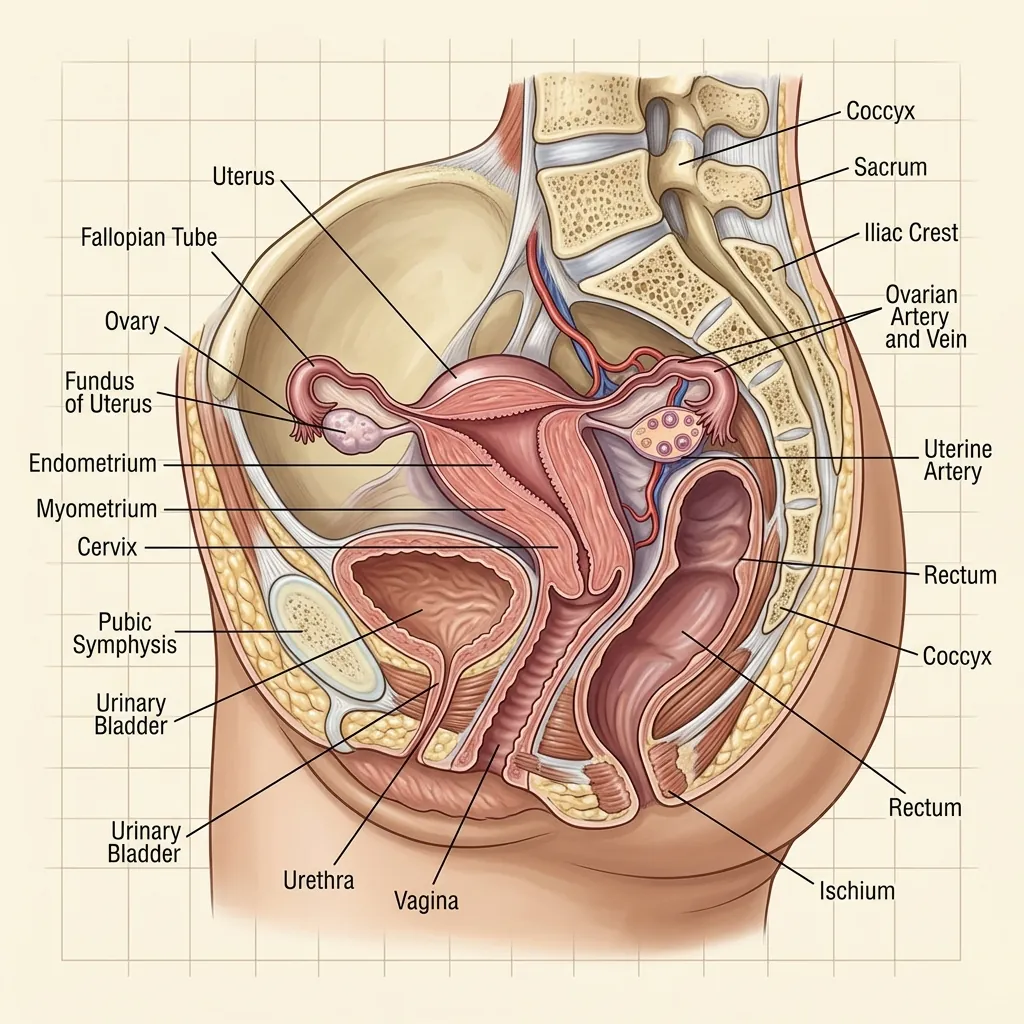 A highly detailed realistic medical textbook illustration of human reproductive anatomy for study purposes