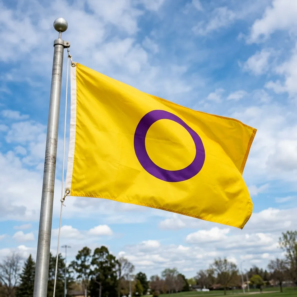 A realistic photograph of the intersex pride flag waving gently in the wind against a blue sky