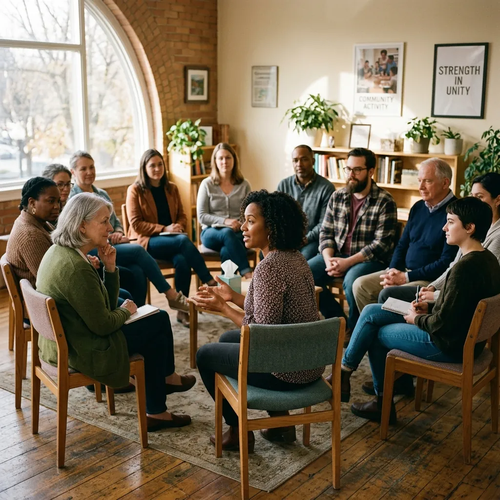 A realistic photograph of a community support group sitting in a circle