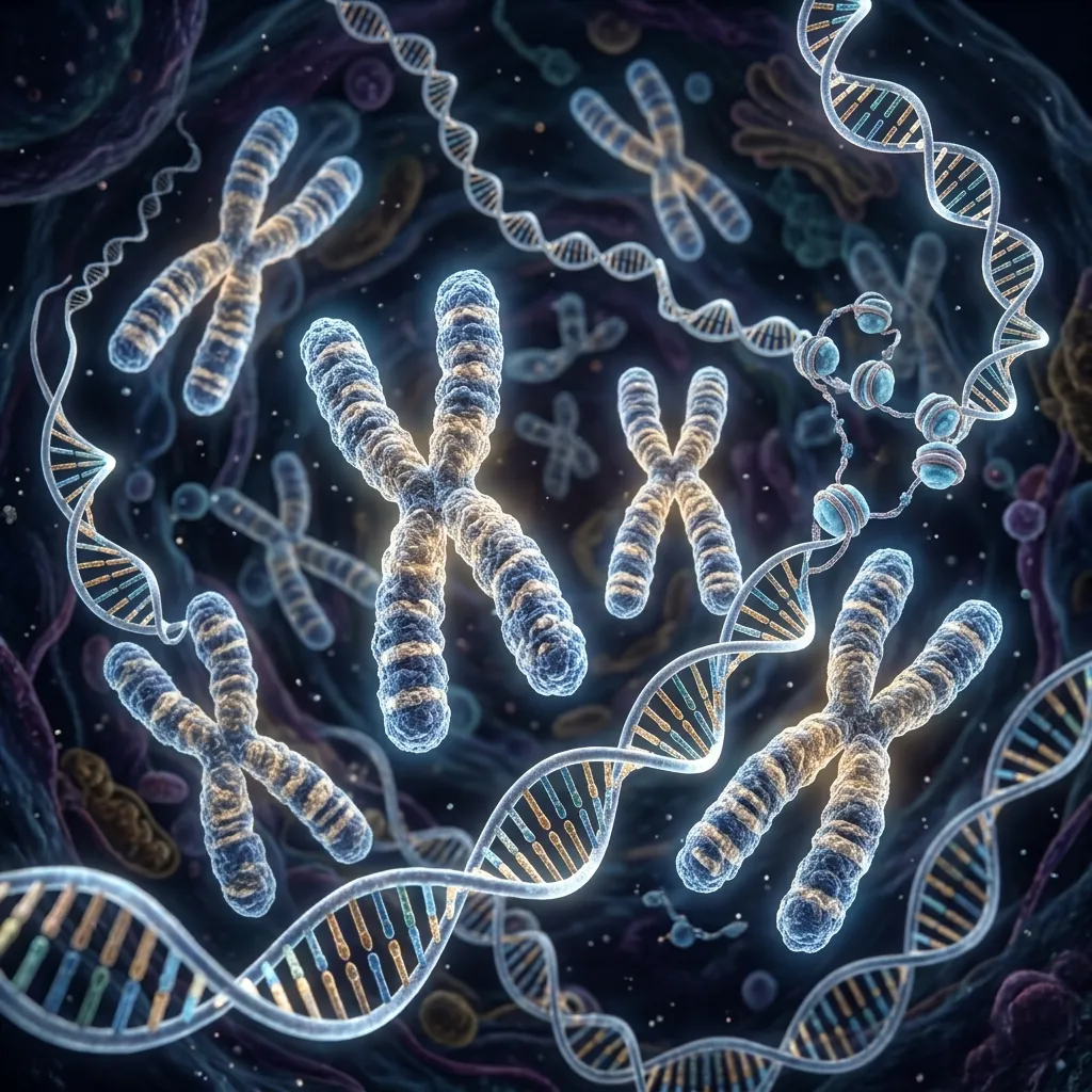A highly detailed realistic 3D medical render of human chromosomes and DNA strands