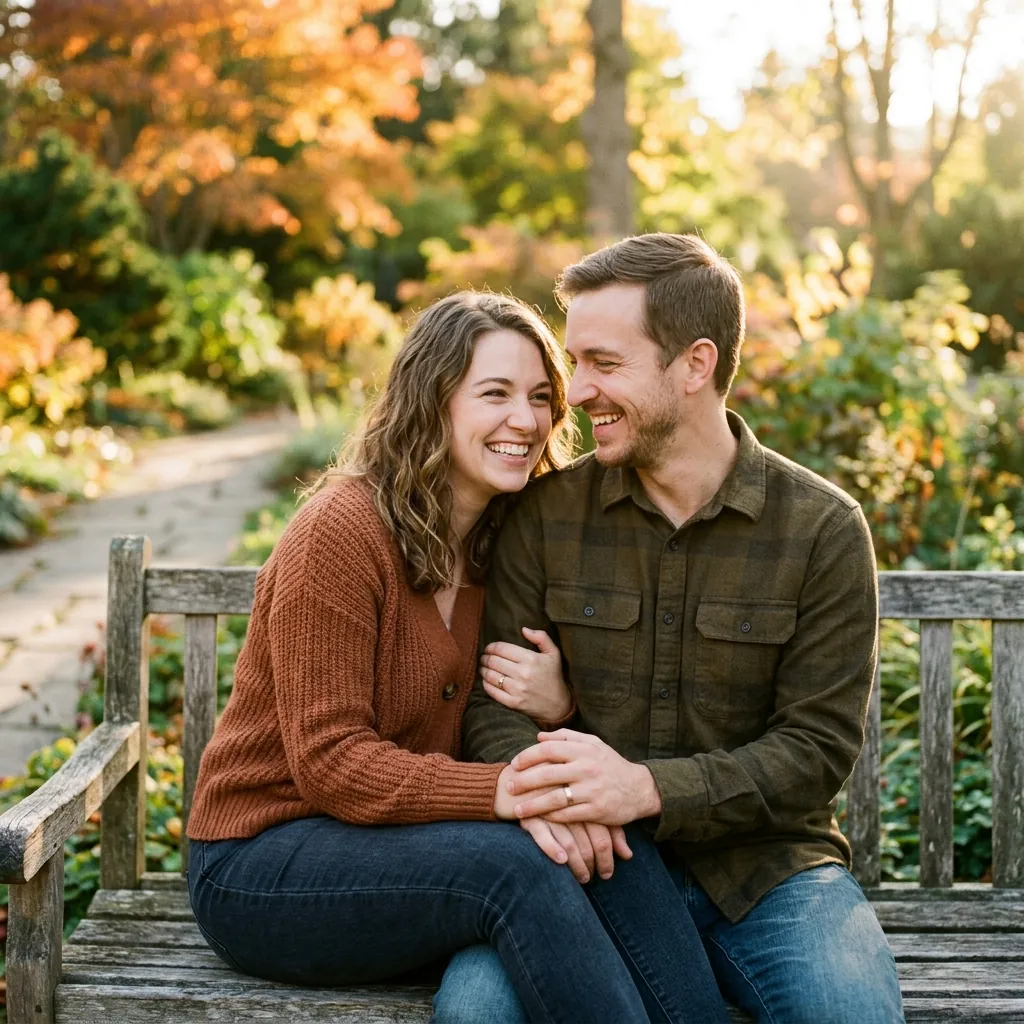 A realistic warm photograph of a couple sitting close together and holding hands