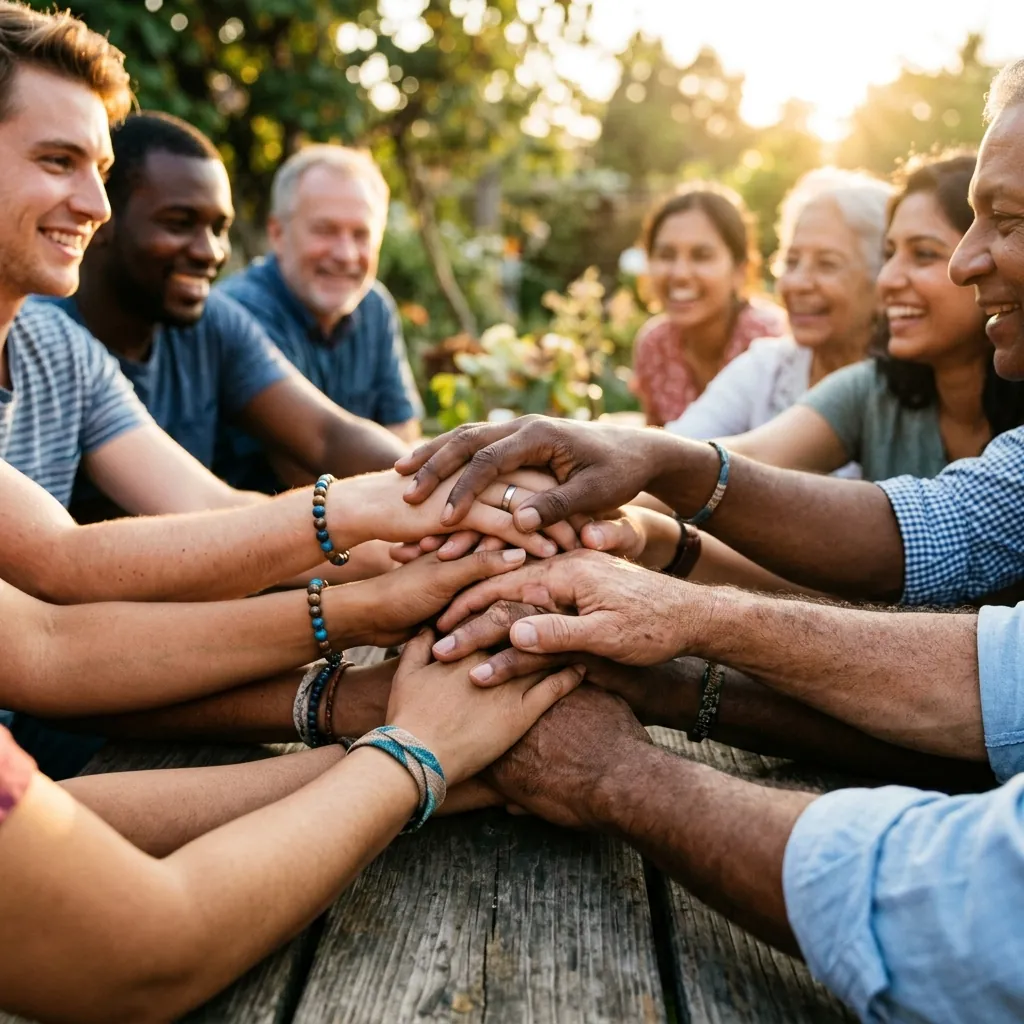 A realistic uplifting photograph of multiple hands joined together in the center of a circle