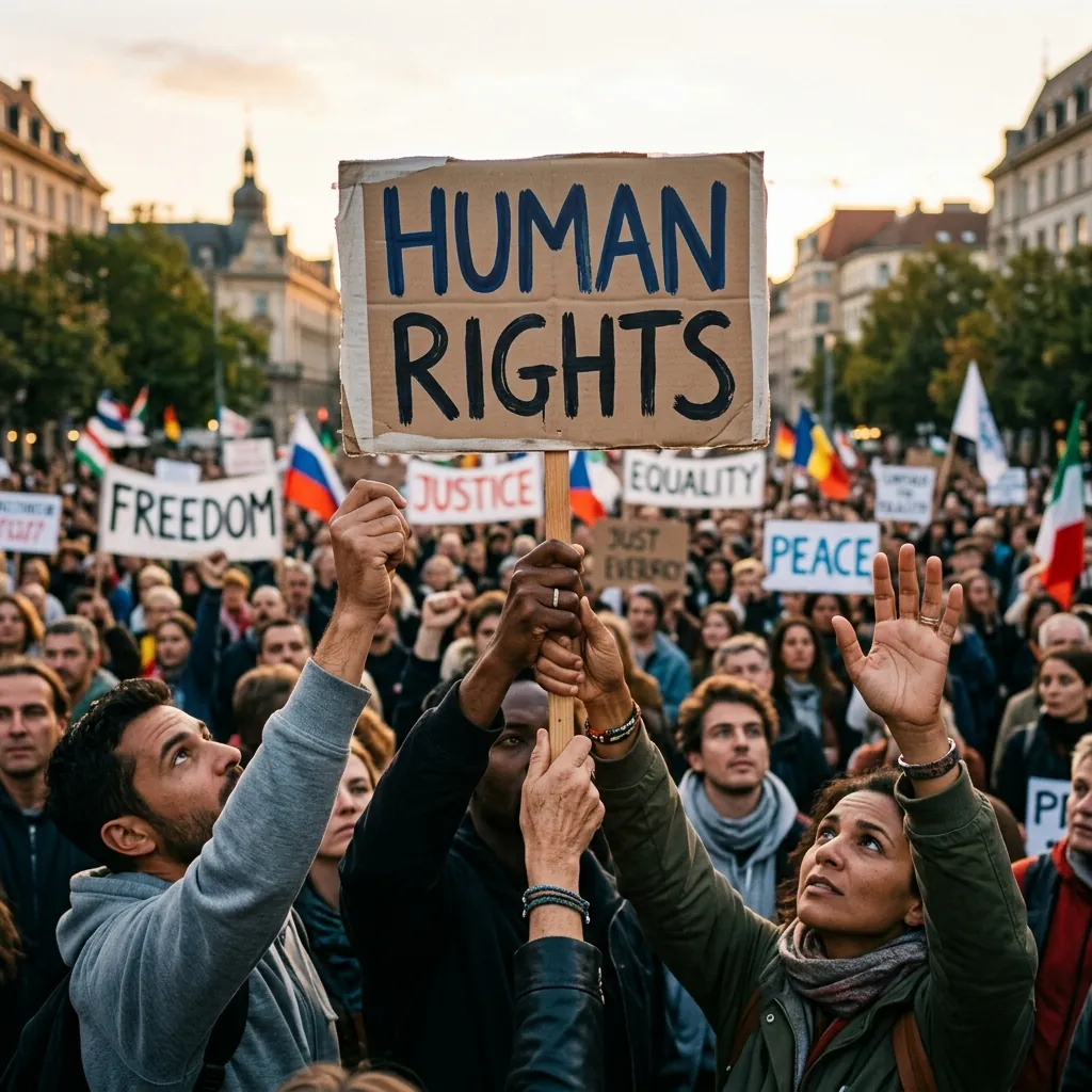 A realistic photograph of people's hands holding up a sign that says 'Human Rights'