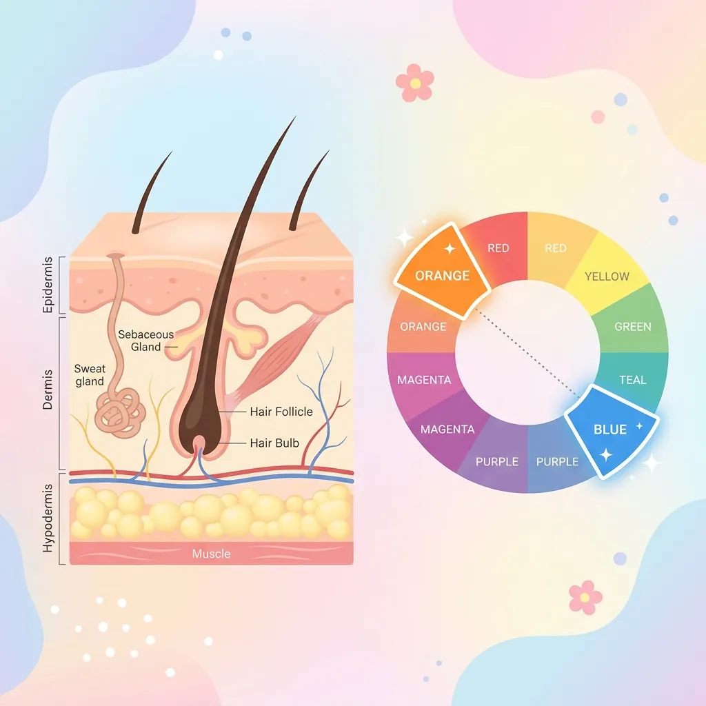 Cross section of skin showing a hair follicle and a color wheel highlighting orange and blue