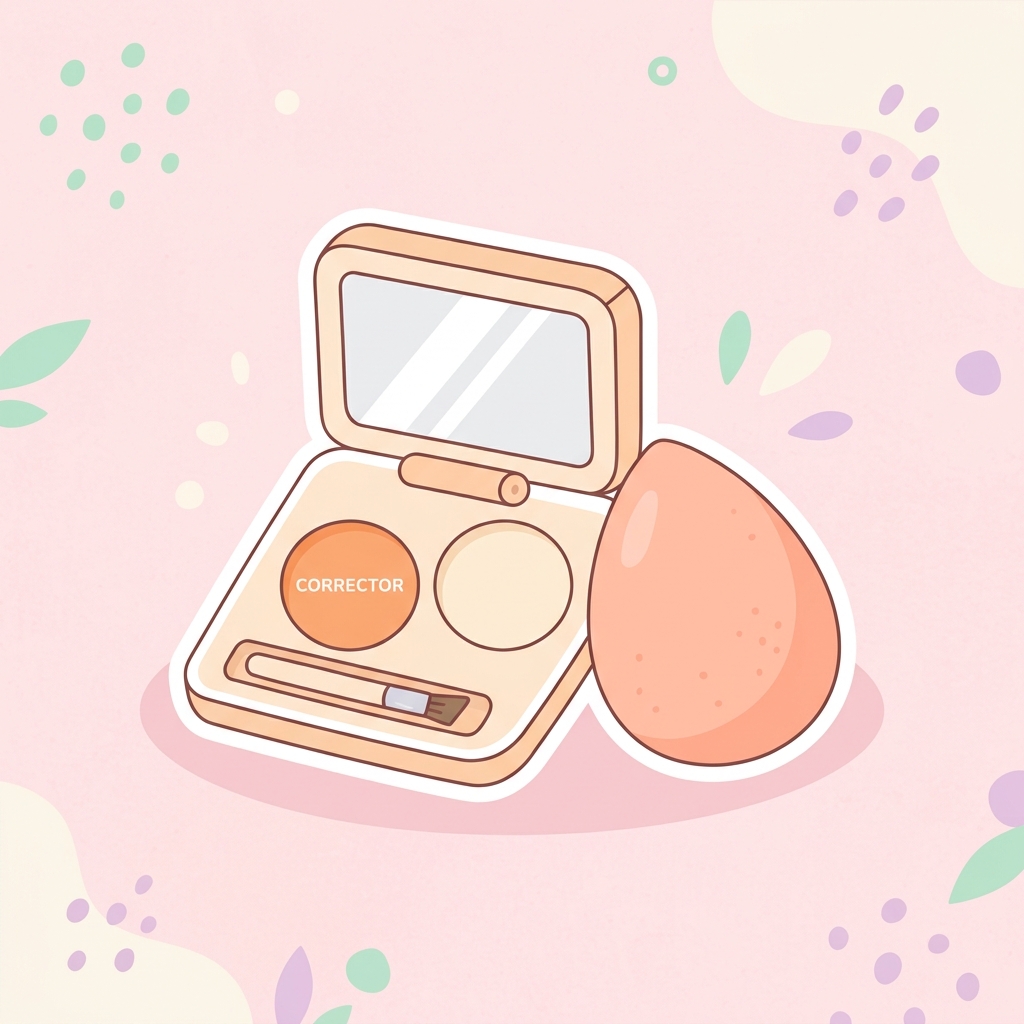 A small makeup palette featuring an orange color corrector with a blending sponge