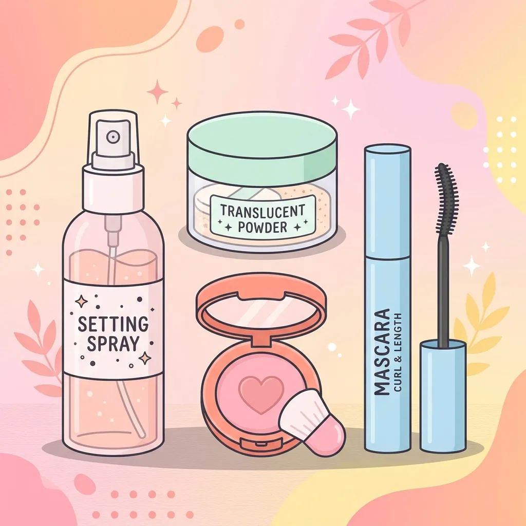 A collection of finishing products: setting spray, translucent powder, blush, and mascara