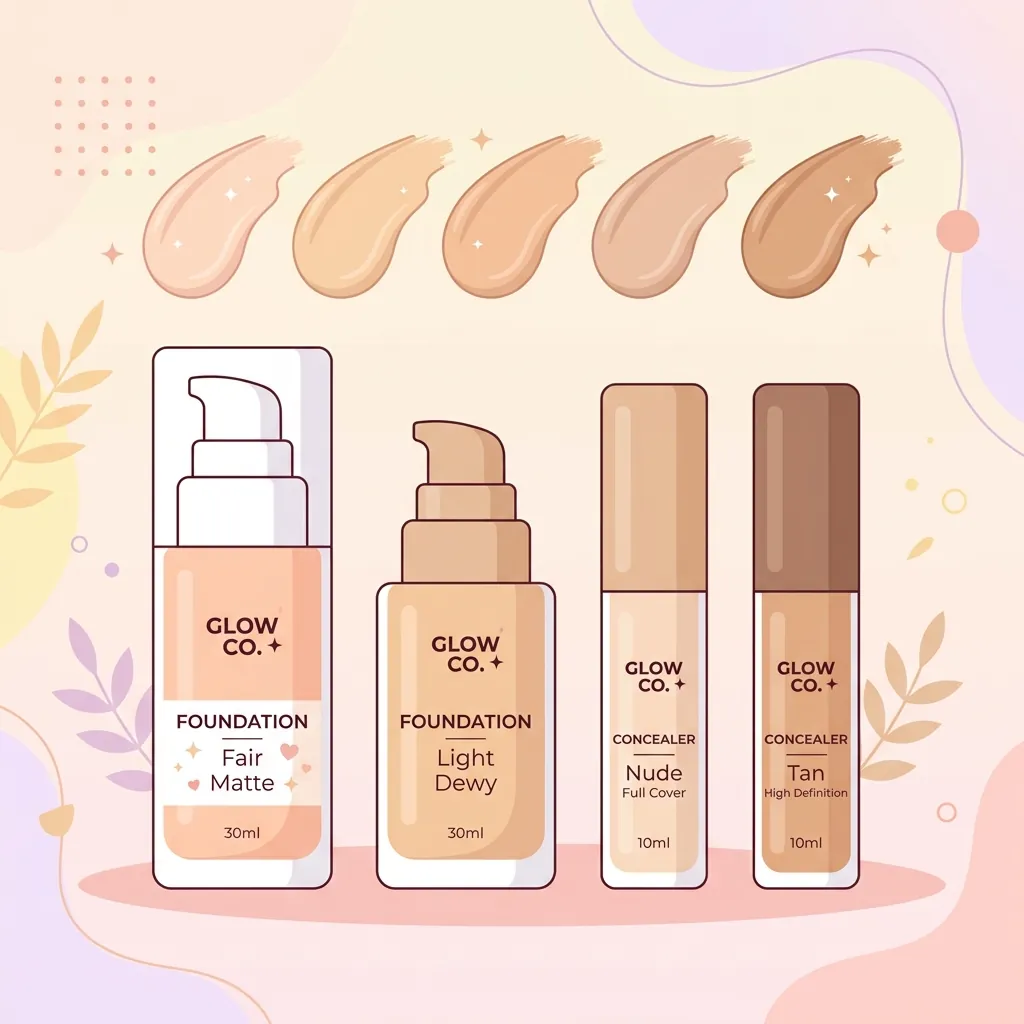Foundation and concealer bottles with swatches of skin-colored liquid