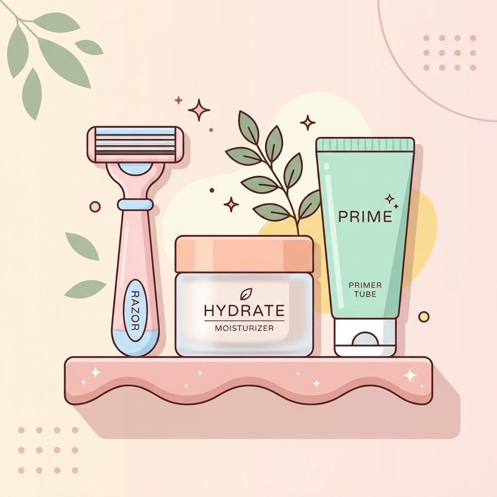 Aesthetic arrangement of skincare products including a razor, moisturizer, and primer