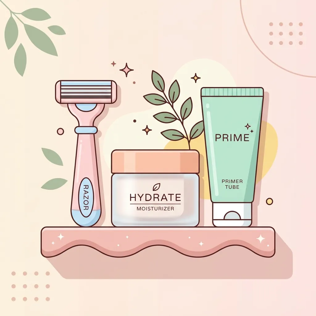 Aesthetic arrangement of skincare products including a razor, moisturizer, and primer