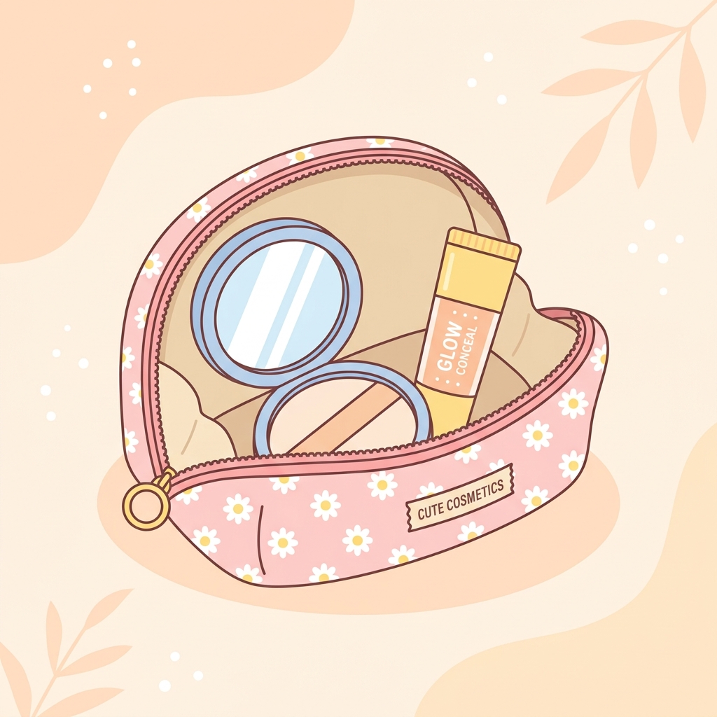 A small open makeup bag revealing a compact mirror and a tiny concealer for touch-ups