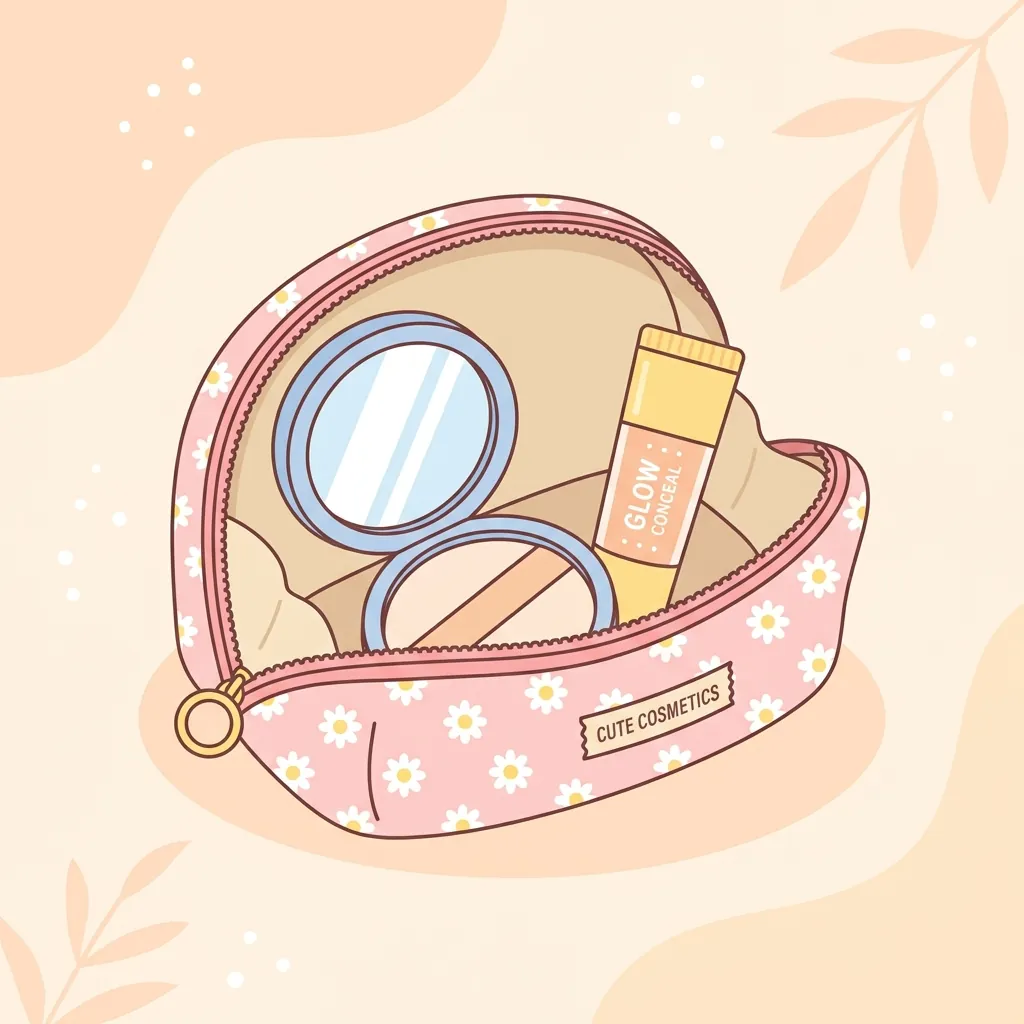 A small open makeup bag revealing a compact mirror and a tiny concealer for touch-ups