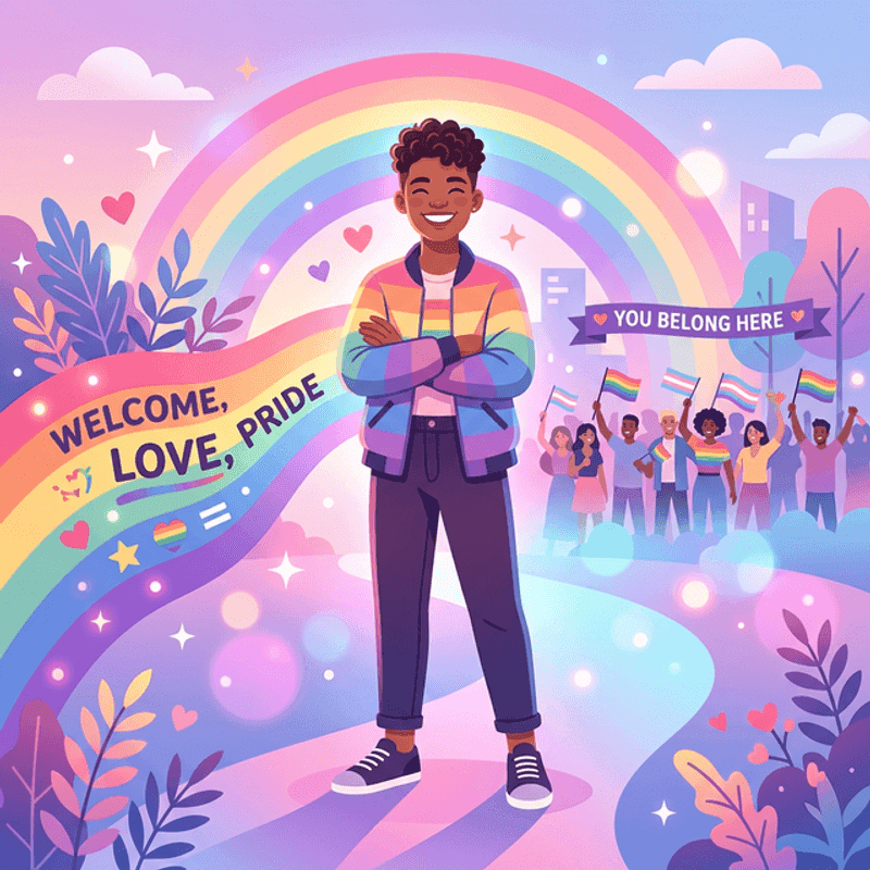 An individual walking through a landscape where two different colored streams of light merge