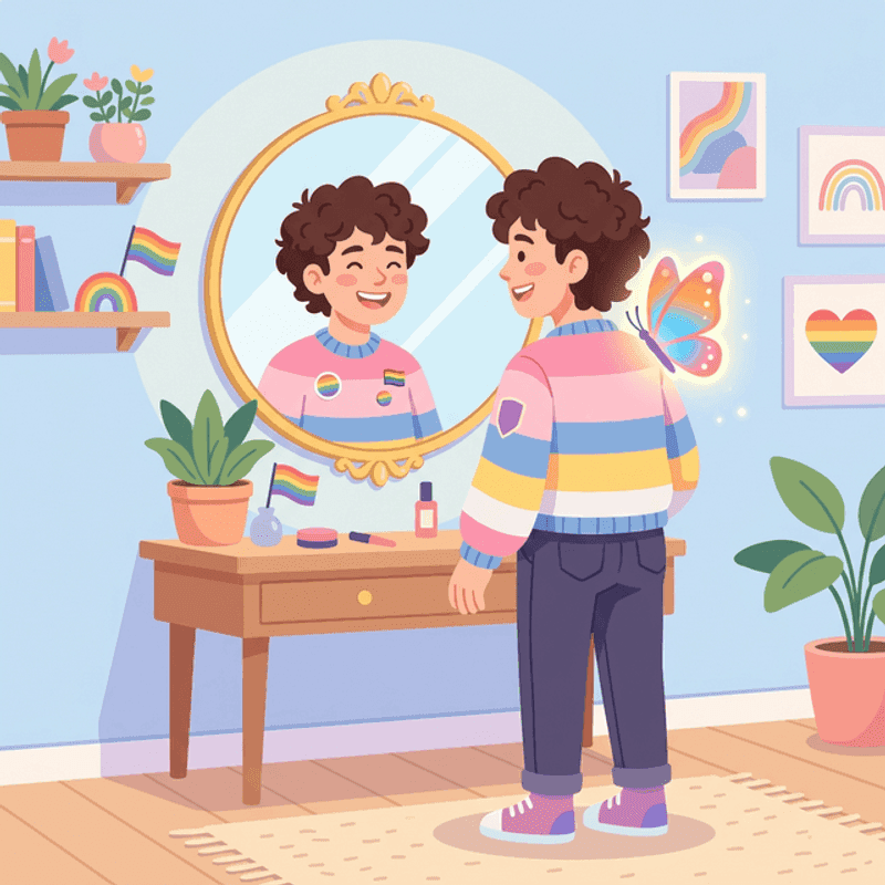 A person standing in front of a mirror, smiling at their reflection