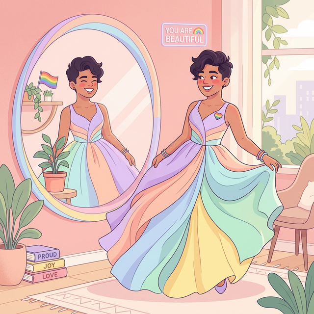 A person looking confident and happy in the mirror wearing a beautifully sculpted, flowing dress