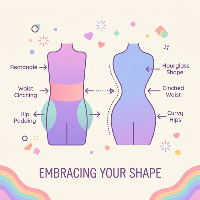 Diagram showing a rectangular body shape transitioning into an hourglass shape