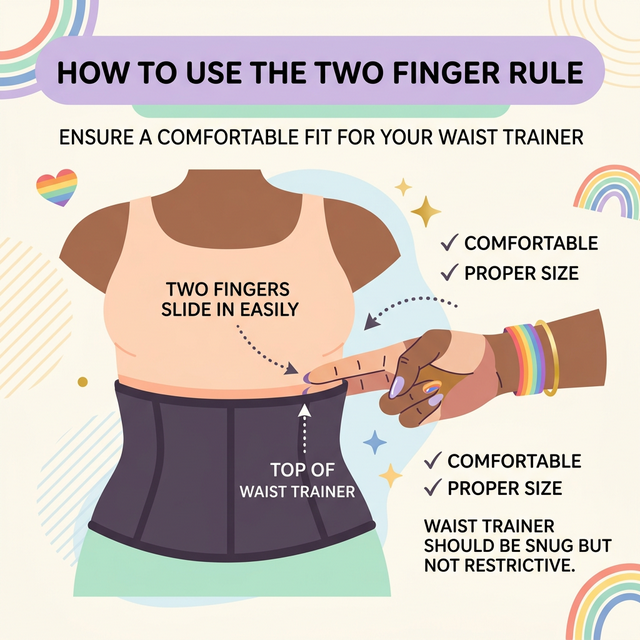 Infographic showing the Two Finger Rule for a waist trainer