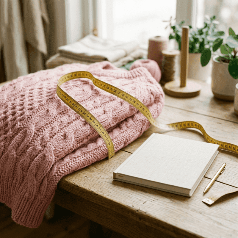 Measuring tape over a pastel knitted sweater