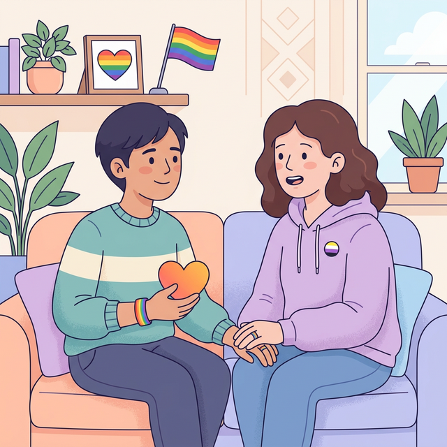 A person holding a heart and offering a supportive, listening ear to a friend