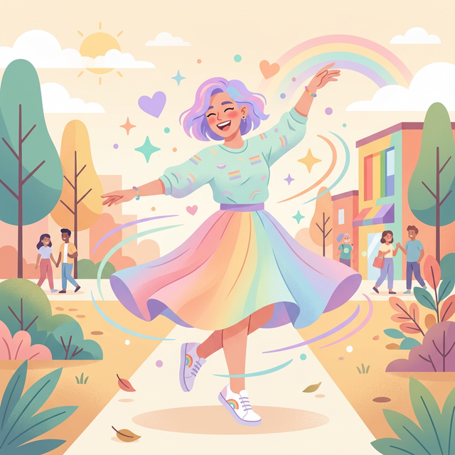 A person smiling brightly, radiating joy and confidence while twirling in a beautiful outfit