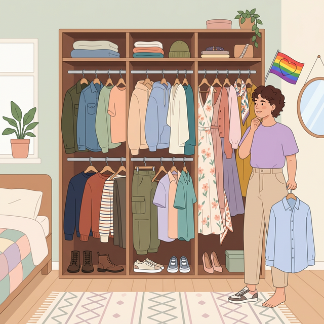 A person looking at a wardrobe with a mix of masculine, feminine, and androgynous clothing