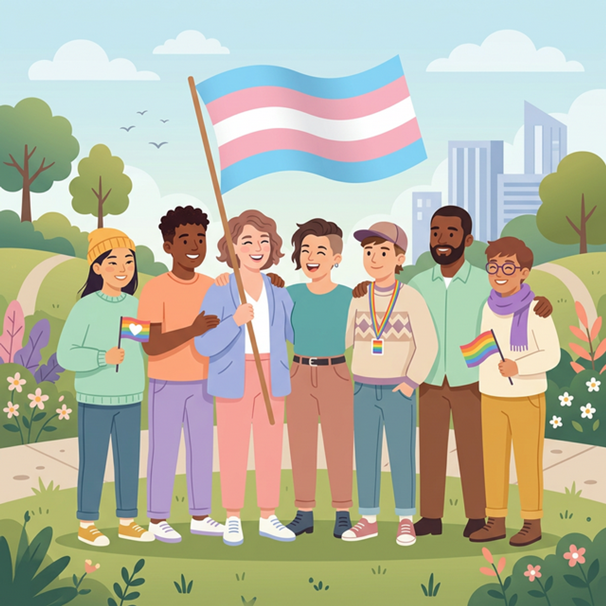 A beautiful, modern, flat vector illustration representing the diverse transgender community
