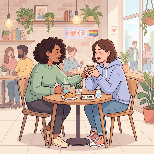 Two friends having coffee and talking