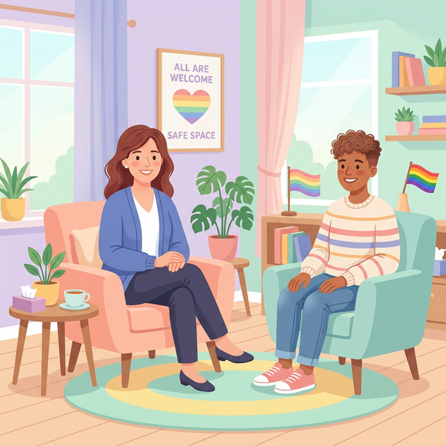 A friendly therapist sitting comfortably