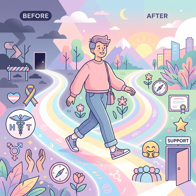 A person stepping forward onto a bright, open pathway with abstract medical and social symbols