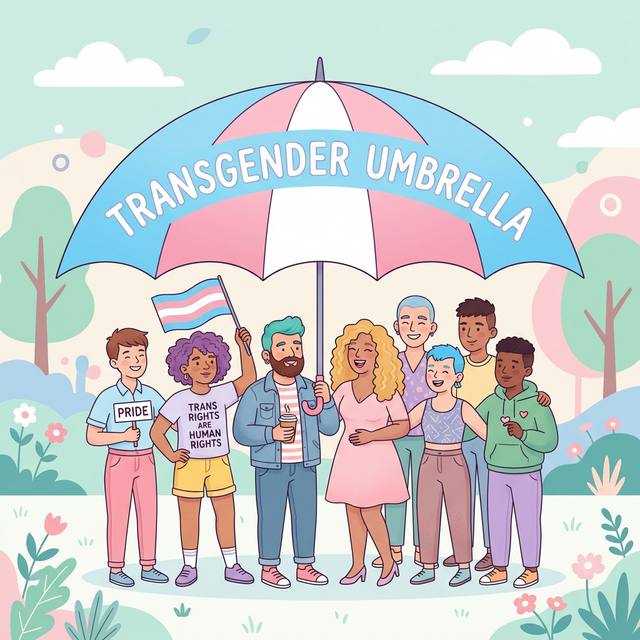 A large umbrella sheltering a diverse group