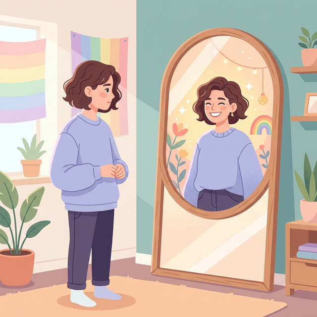 A person looking thoughtfully into a mirror, seeing their true confident self reflecting back