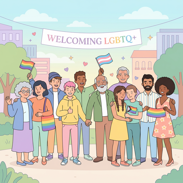 A diverse group of people of all different ages standing together happily