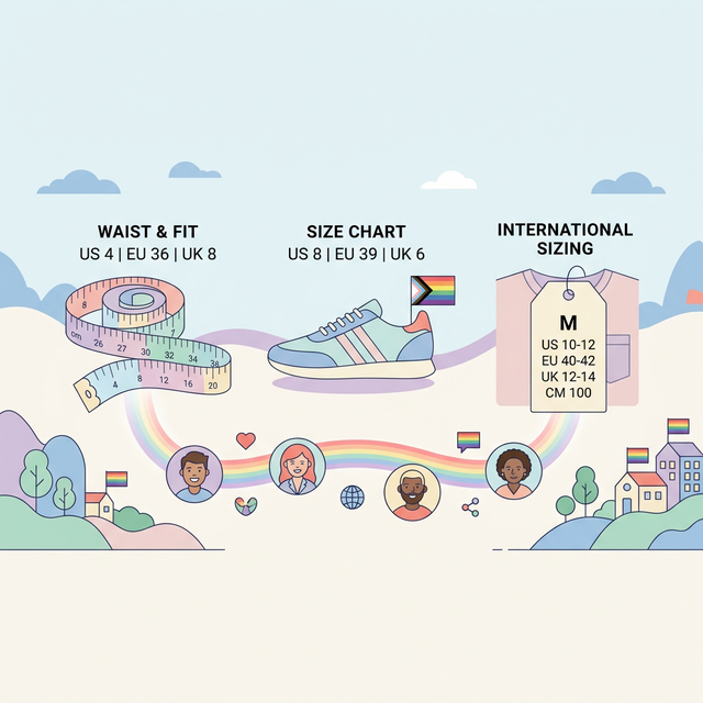 Stylized measuring tape and shoe illustration representing sizing