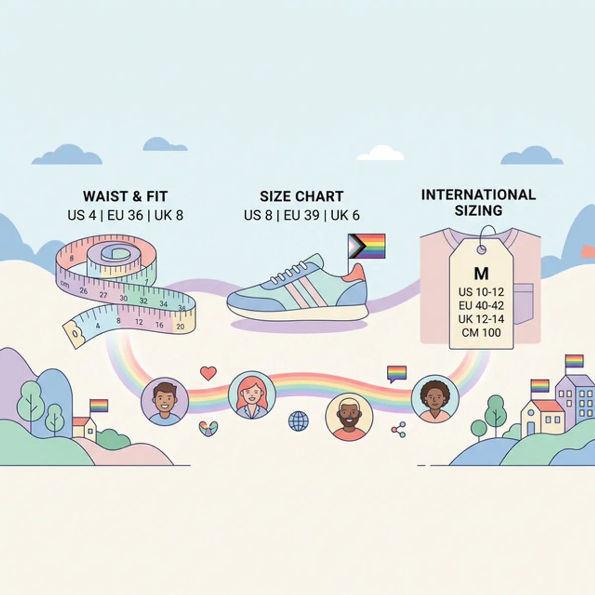 Stylized measuring tape and shoe illustration representing sizing