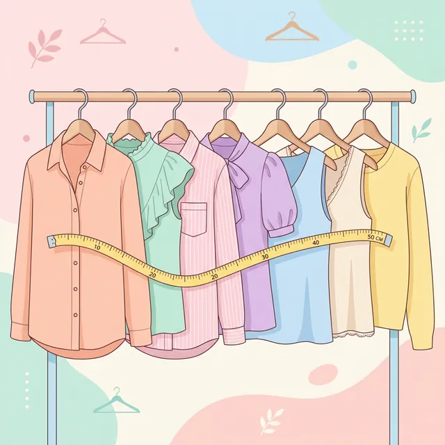 Stylized fashion illustration of women's tops on hangers with a measuring tape