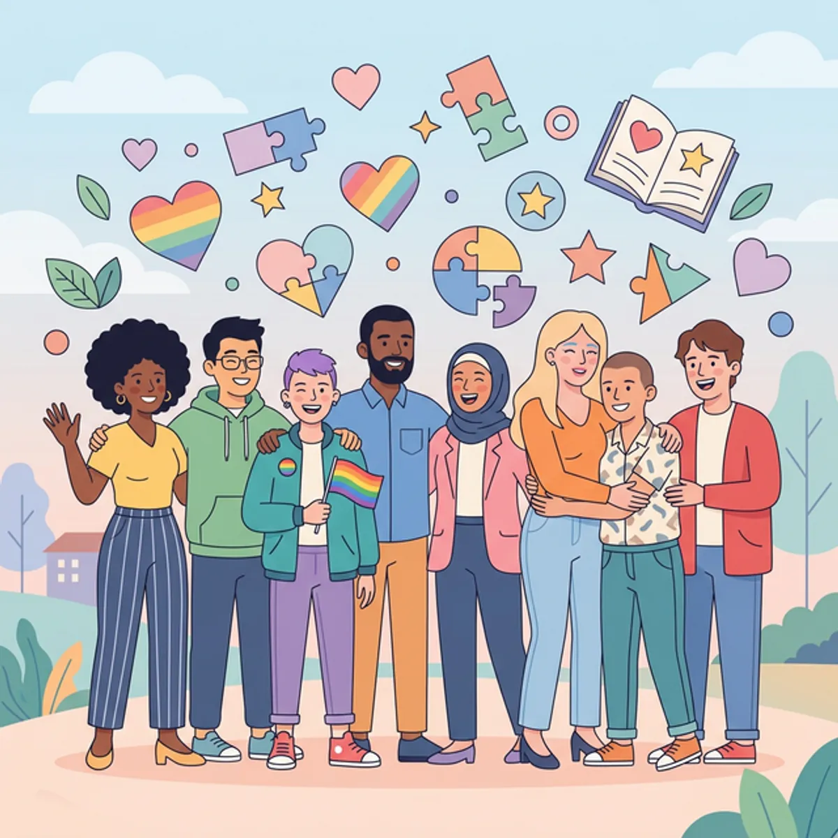 Diverse group of people smiling surrounded by abstract shapes